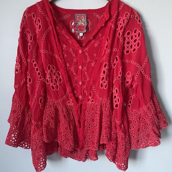 Johnny Was Xanthos Rae Blouse Red Embroidered Flowy Button Up Women's Medium - Picture 7 of 11